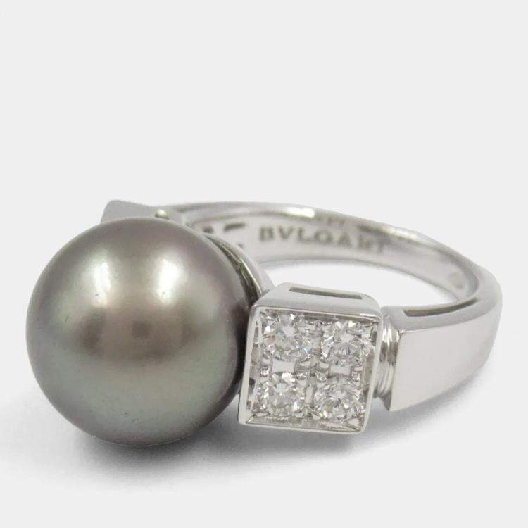 Pre Owned Bvlgari Pearl and Diamond 18k White Gold Ring EU 48