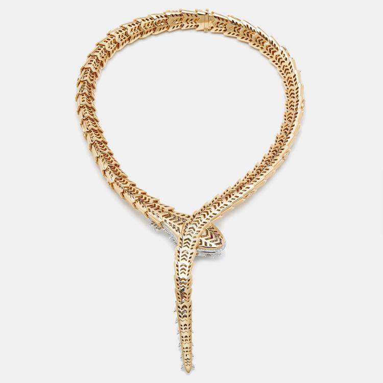 Pre Owned Bvlgari Serpenti Diamonds Rubies 18k Two Tone Gold Necklace