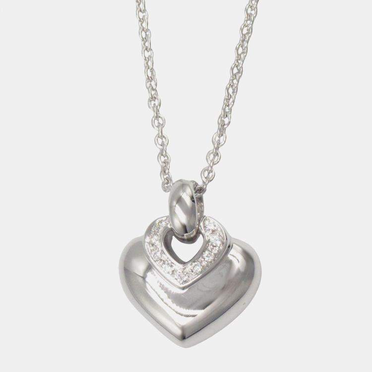 Pre Owned Bvlgari Doppio Cuore Heart 18K White Gold Diamond Pendant Necklace