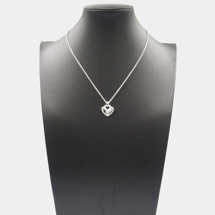 Pre Owned Bvlgari Doppio Cuore Heart 18K White Gold Diamond Pendant Necklace