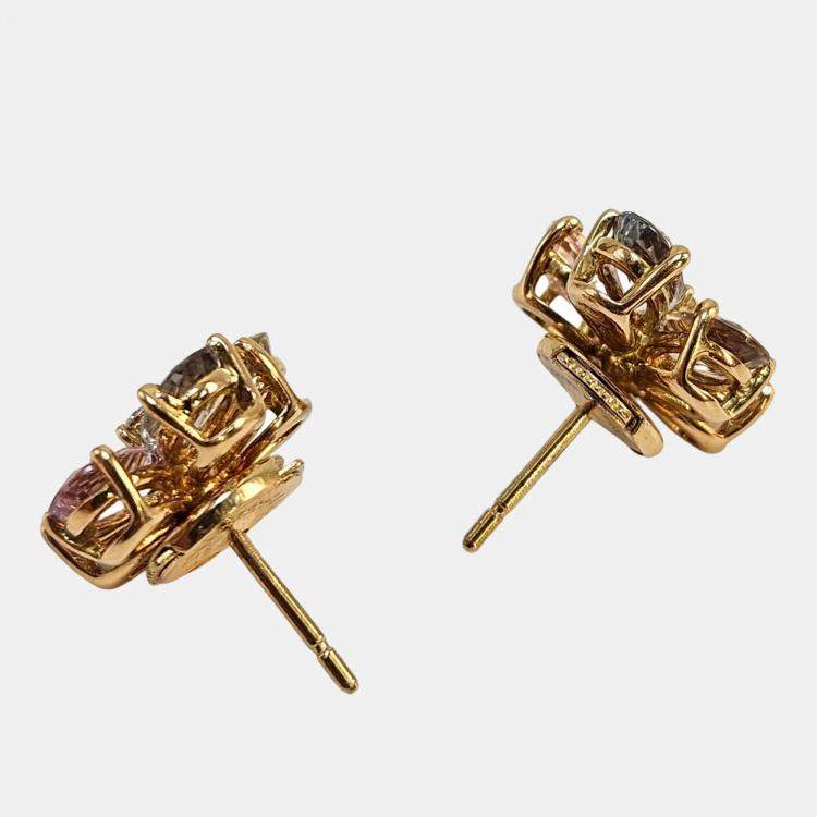 Pre Owned Bvlgari Flower 18K Yellow Gold Diamond and Multi-Color Sapphire Earrings