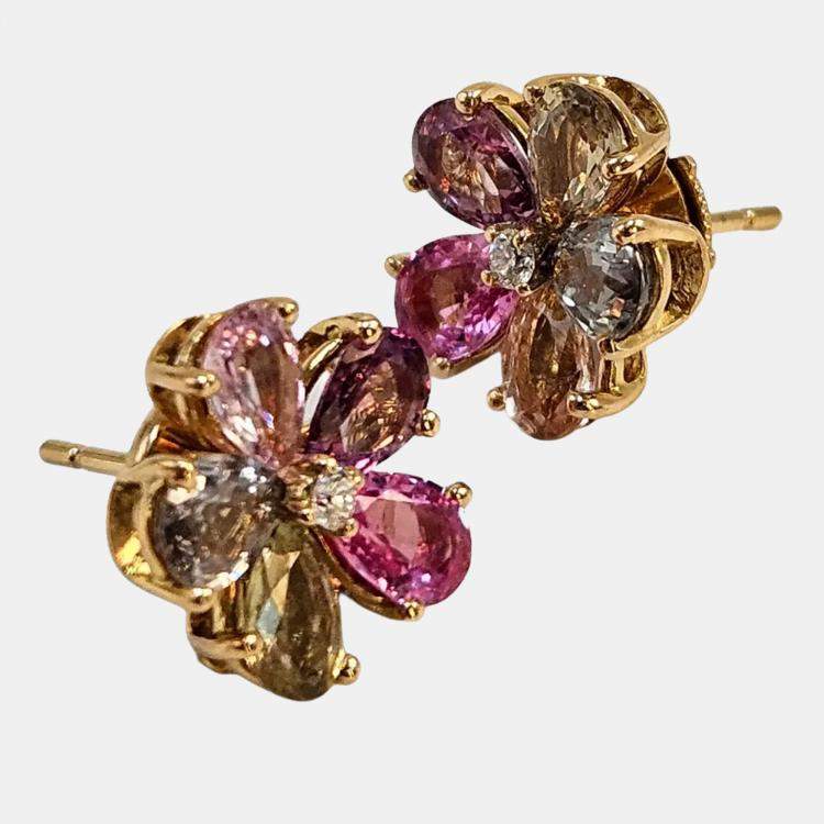 Pre Owned Bvlgari Flower 18K Yellow Gold Diamond and Multi-Color Sapphire Earrings