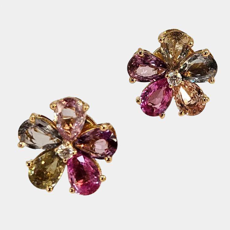 Pre Owned Bvlgari Flower 18K Yellow Gold Diamond and Multi-Color Sapphire Earrings