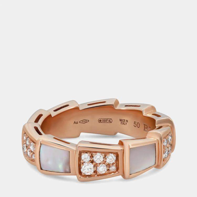 Pre Owned Bvlgari Serpenti Viper Diamond & Mother Of Pearl Band Ring 18K Rose Gold EU 50