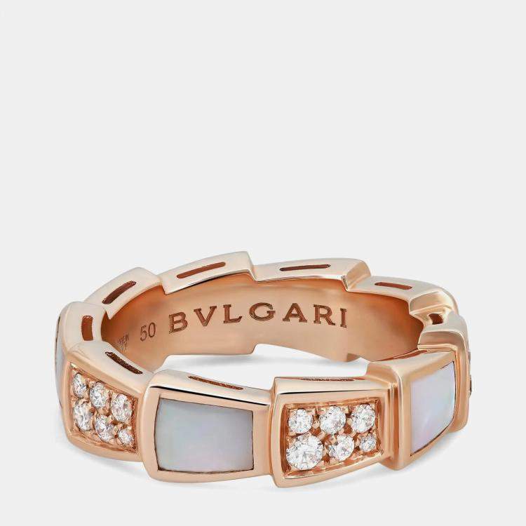 Pre Owned Bvlgari Serpenti Viper Diamond & Mother Of Pearl Band Ring 18K Rose Gold EU 50