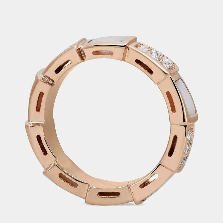 Pre Owned Bvlgari Serpenti Viper Diamond & Mother Of Pearl Band Ring 18K Rose Gold EU 50