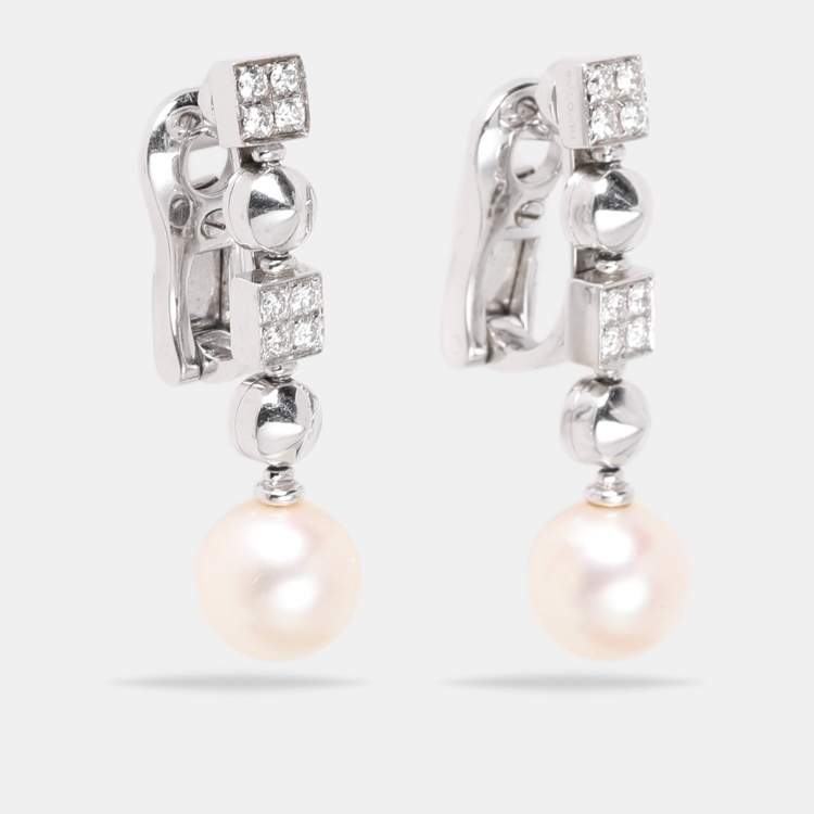 Pre Owned Bvlgari 18K White Gold Diamond Pearl Lucia Pierced Earrings