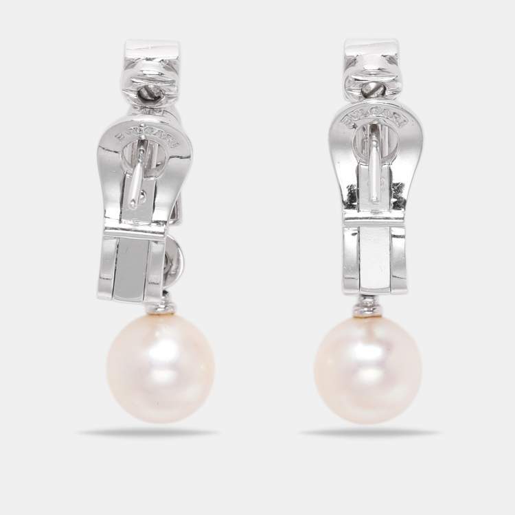 Pre Owned Bvlgari 18K White Gold Diamond Pearl Lucia Pierced Earrings