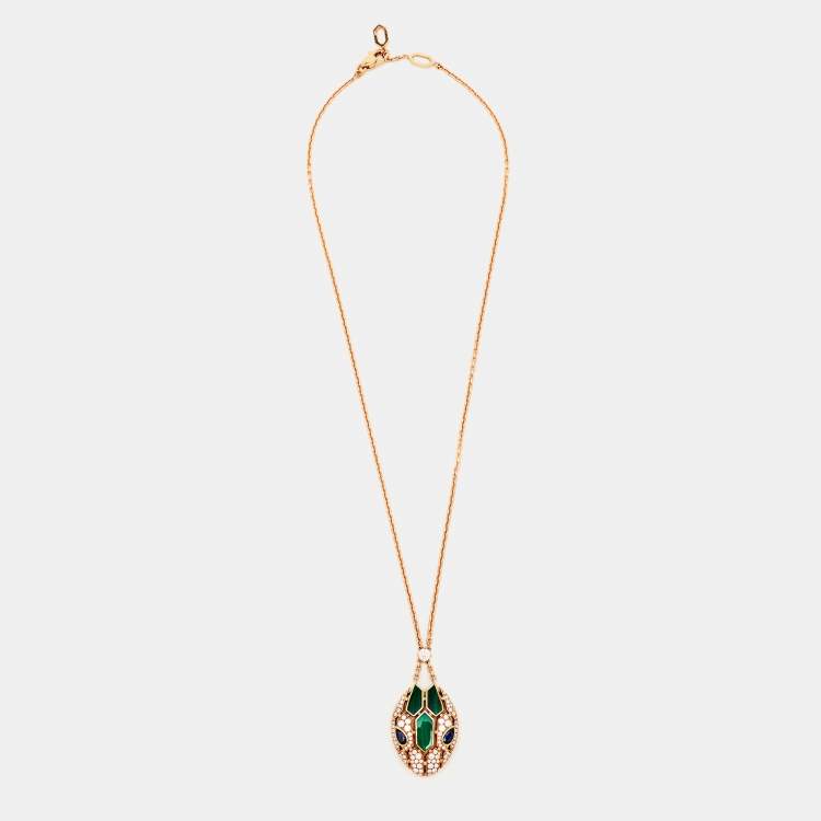Pre Owned Bvlgari Serpenti Seduttori Diamond Malachite Blue Sapphire 18K Rose Gold Pendant Necklace