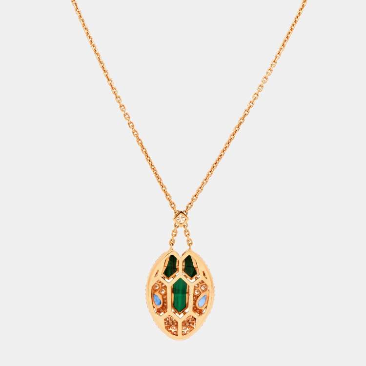 Pre Owned Bvlgari Serpenti Seduttori Diamond Malachite Blue Sapphire 18K Rose Gold Pendant Necklace