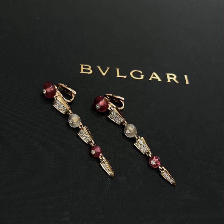 Pre Owned Bulgari Serpenti Viper Earrings Rose Gold Tourmaline Moonstone Diamond