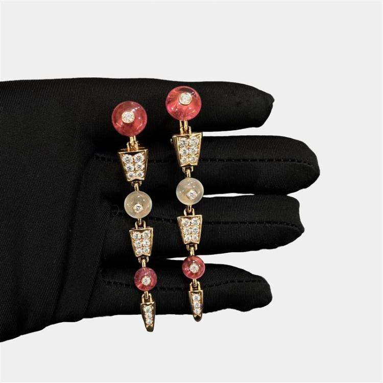 Pre Owned Bulgari Serpenti Viper Earrings Rose Gold Tourmaline Moonstone Diamond