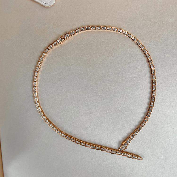 Pre Owned Bulgari Serpenti Viper Necklace Rose Gold Full Diamond L Size
