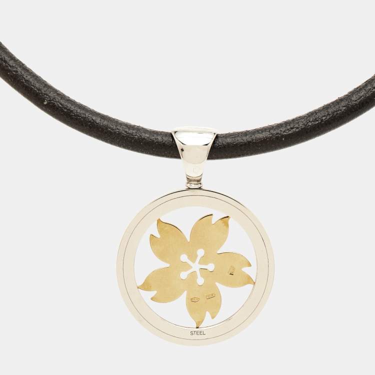 Pre Owned Bvlgari Tondo Sakura Flower Stainless Steel 18k Yellow Gold Pendant Cord Necklace