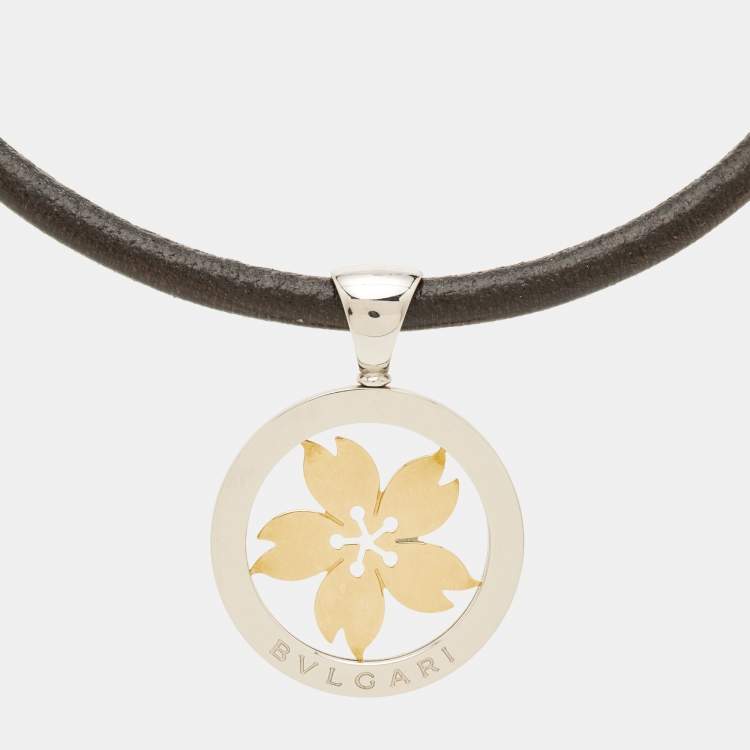 Pre Owned Bvlgari Tondo Sakura Flower Stainless Steel 18k Yellow Gold Pendant Cord Necklace
