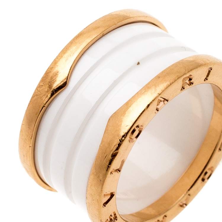 Pre Owned Bvlgari B.Zero1 4 Band White Ceramic 18k Rose Gold Ring Size 52