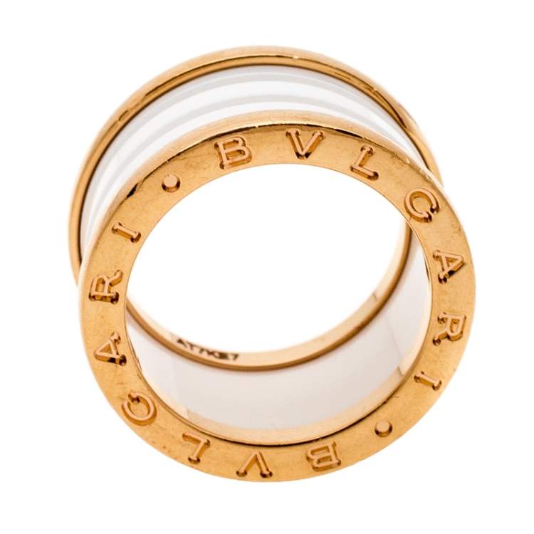 Pre Owned Bvlgari B.Zero1 4 Band White Ceramic 18k Rose Gold Ring Size 52