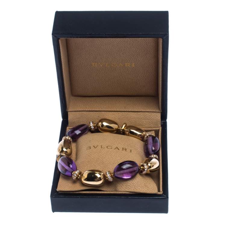 Pre Owned Bvlgari Diamond Amethyst 18k Yellow Gold Beaded Bracelet 