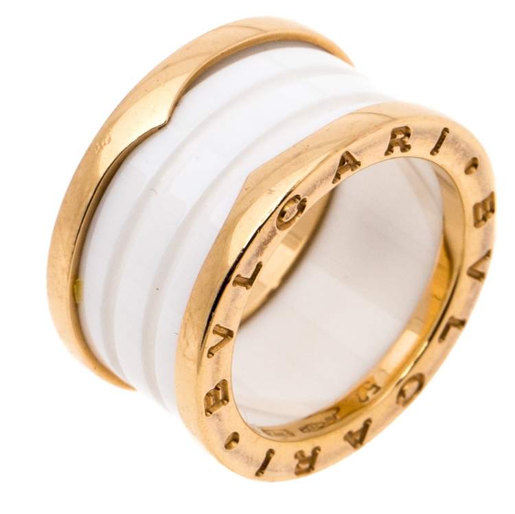 Pre Owned Bvlgari B.Zero1 White Ceramic 18K Rose Gold 4-Band Ring Size 52