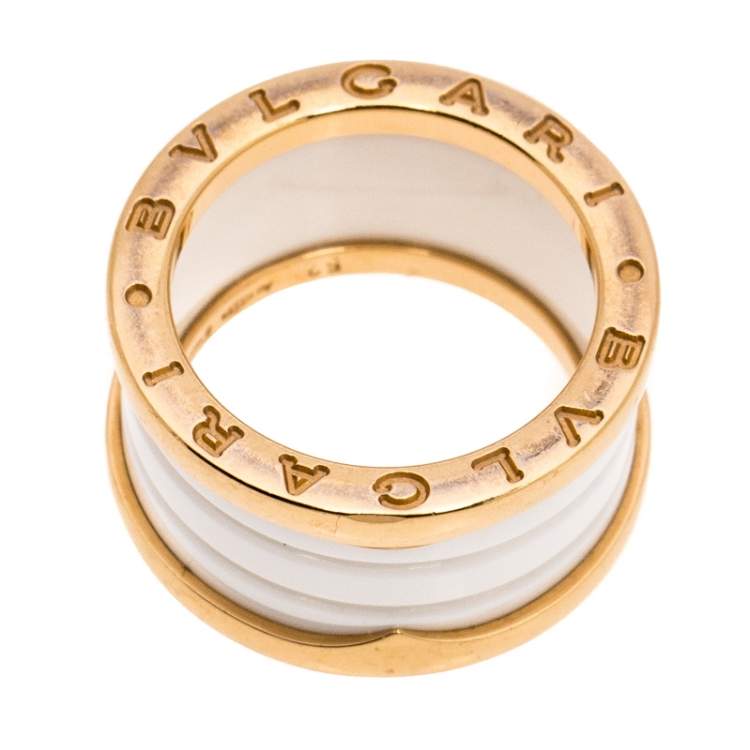 Pre Owned Bvlgari B.Zero1 White Ceramic 18K Rose Gold 4-Band Ring Size 52