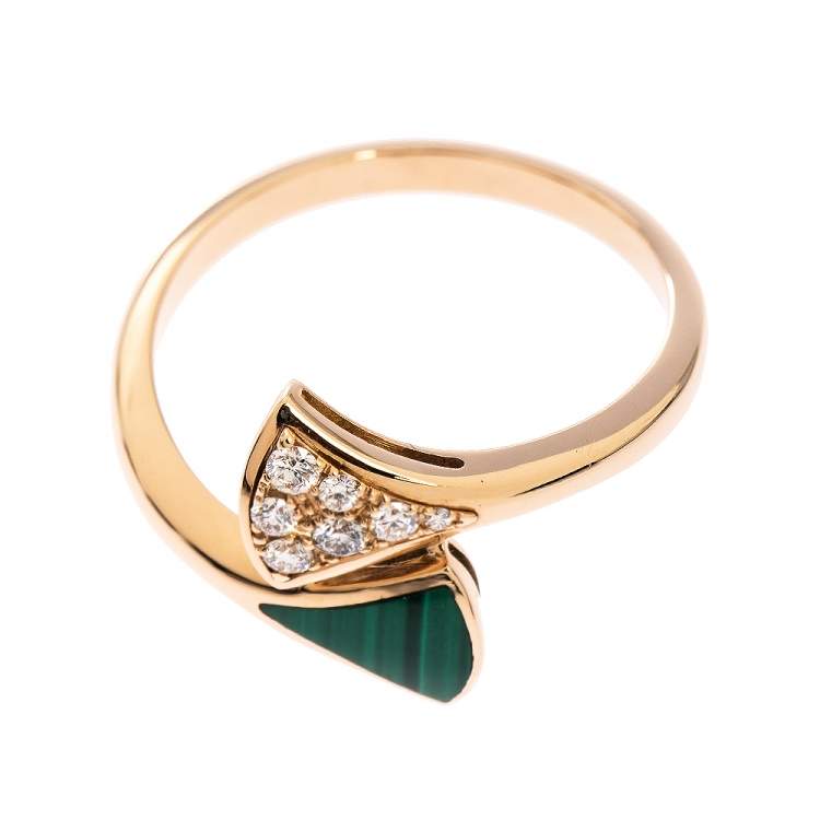 Pre Owned Bvlgari Divas' Dream Diamond Malachite 18K Rose Gold Ring Size 53
