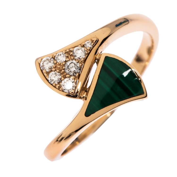 Pre Owned Bvlgari Divas' Dream Diamond Malachite 18K Rose Gold Ring Size 53