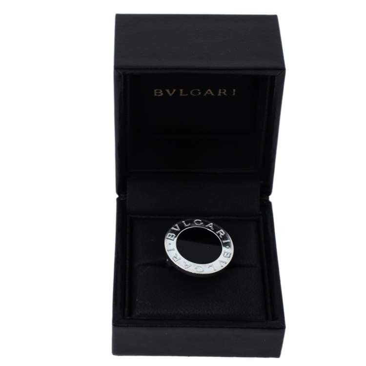 Pre Owned Bvlgari Onyx Inlay 18K White Gold Circular Ring Size 52