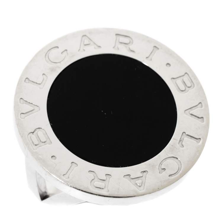 Pre Owned Bvlgari Onyx Inlay 18K White Gold Circular Ring Size 52