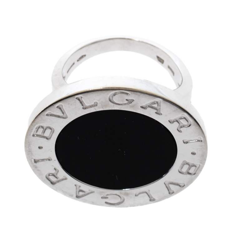 Pre Owned Bvlgari Onyx Inlay 18K White Gold Circular Ring Size 52