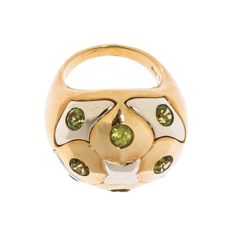 Pre Owned Bvlgari Peridot 18K Yellow & White Gold Dome Cocktail Ring Size 53