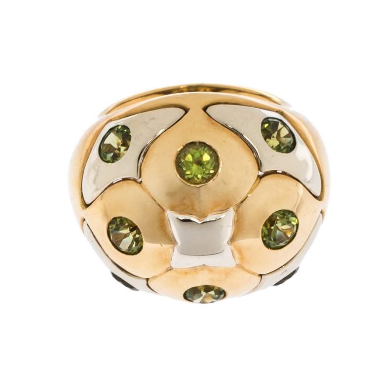 Pre Owned Bvlgari Peridot 18K Yellow & White Gold Dome Cocktail Ring Size 53