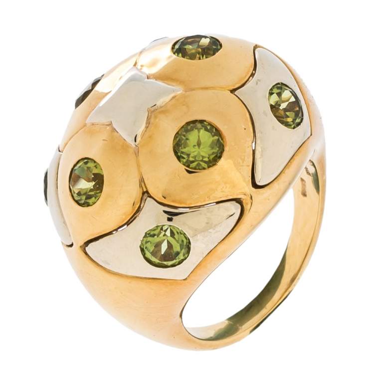 Pre Owned Bvlgari Peridot 18K Yellow & White Gold Dome Cocktail Ring Size 53