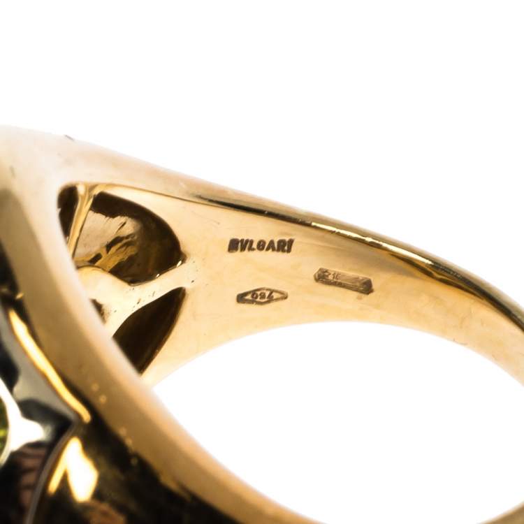 Pre Owned Bvlgari Peridot 18K Yellow & White Gold Dome Cocktail Ring Size 53