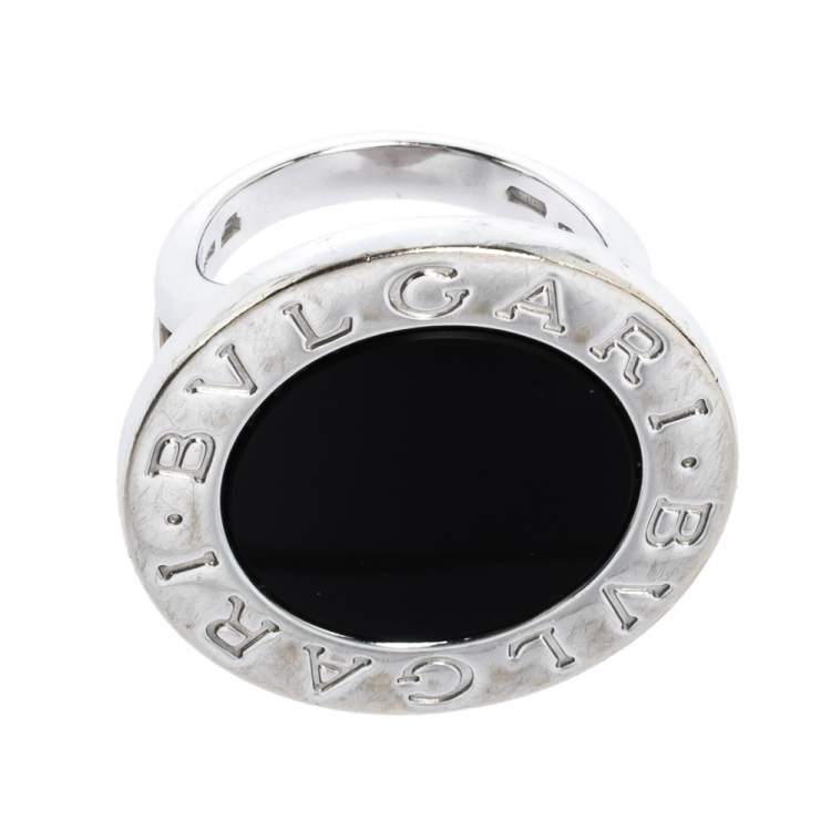 Pre Owned Bvlgari Onyx Inlay 18K White Gold Circular Ring Size 52