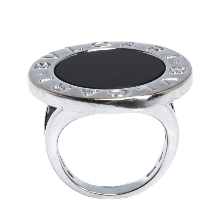 Pre Owned Bvlgari Onyx Inlay 18K White Gold Circular Ring Size 52