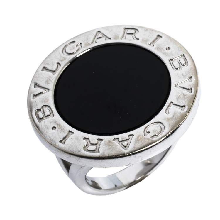 Pre Owned Bvlgari Onyx Inlay 18K White Gold Circular Ring Size 52