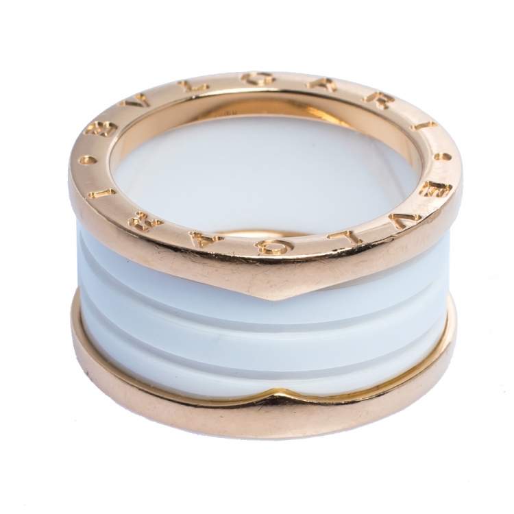 Pre Owned Bvlgari B.Zero1 White Ceramic 18K Rose Gold 4-Band Ring Size 56