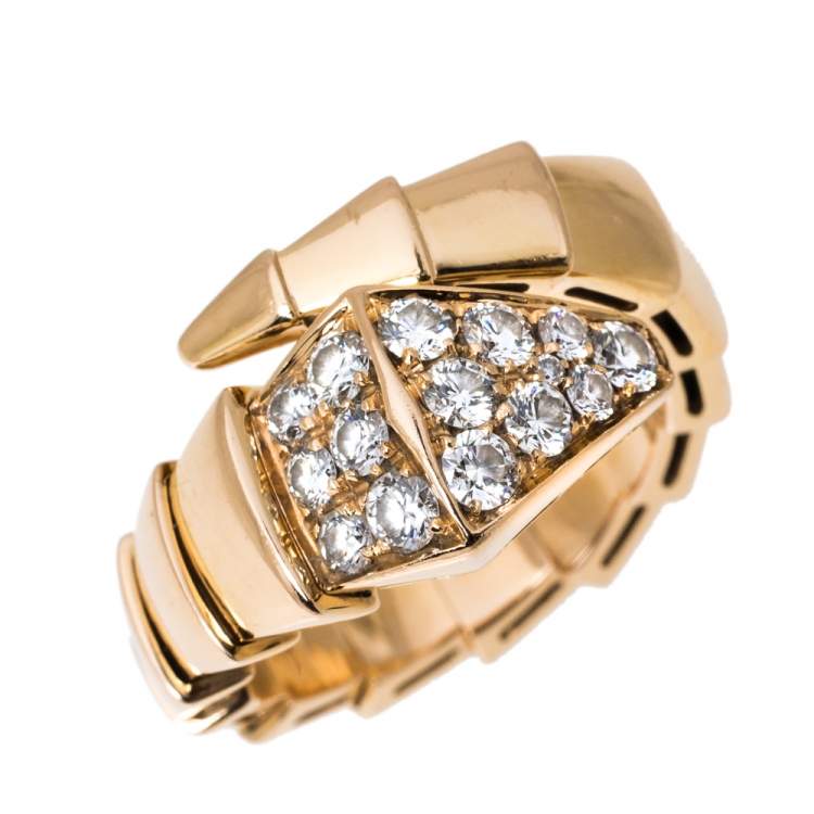 Pre Owned Bvlgari Serpenti Viper Diamond 18K Rose Gold One-Coil Ring Size 51