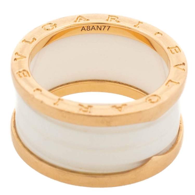 Pre Owned Bvlgari B.Zero1 White Ceramic 18K Rose Gold 4-Band Ring Size 58