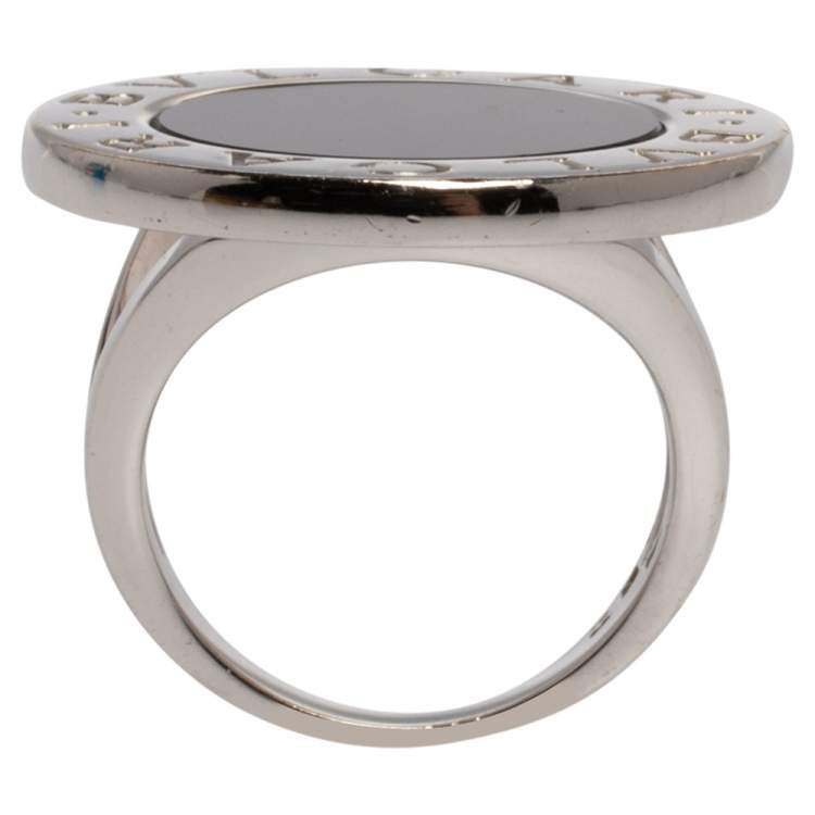 Pre Owned Bvlgari Onyx Inlay 18K White Gold Circular Ring Size 52