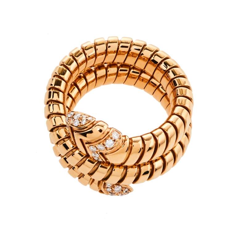 Pre Owned Bvlgari Serpenti Tubogas Diamond 18K Rose Gold Double Spiral Ring Size 57