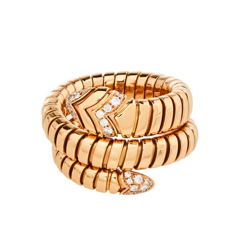 Pre Owned Bvlgari Serpenti Tubogas Diamond 18K Rose Gold Double Spiral Ring Size 57