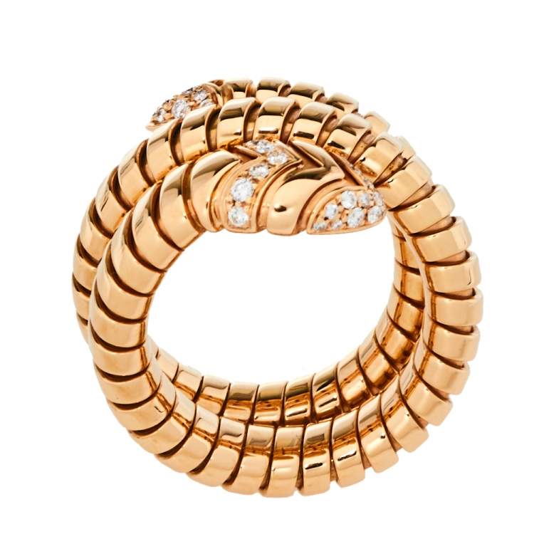 Pre Owned Bvlgari Serpenti Tubogas Diamond 18K Rose Gold Double Spiral Ring Size 57