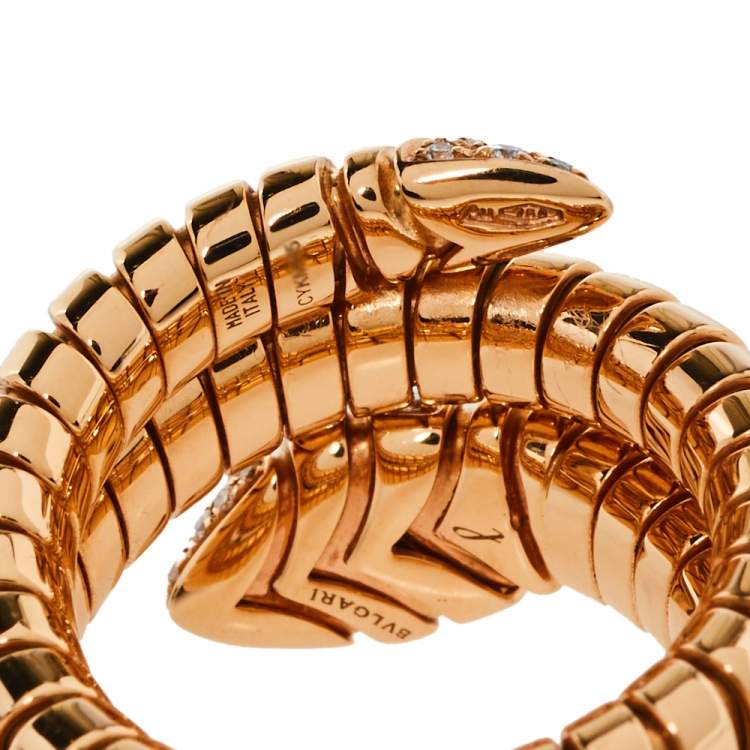 Pre Owned Bvlgari Serpenti Tubogas Diamond 18K Rose Gold Double Spiral Ring Size 57