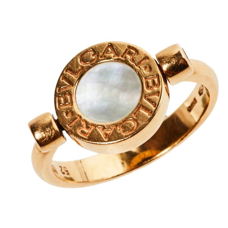 Pre Owned Bvlgari Bvlgari Mother of Pearl Onyx 18K Rose Gold Flip Ring Size 52