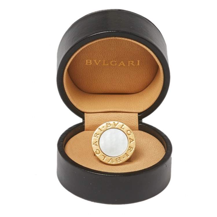 Pre Owned Bvlgari Mother of Pearl Inlay 18K Yellow Gold Circular Ring Size 52