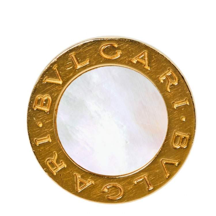 Pre Owned Bvlgari Mother of Pearl Inlay 18K Yellow Gold Circular Ring Size 52