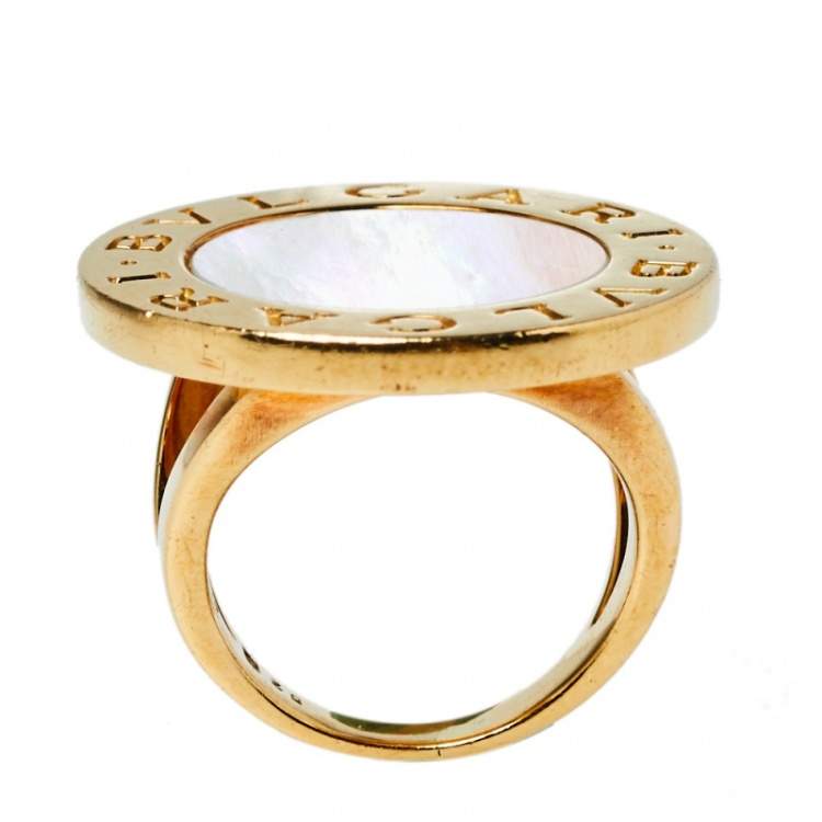Pre Owned Bvlgari Mother of Pearl Inlay 18K Yellow Gold Circular Ring Size 52