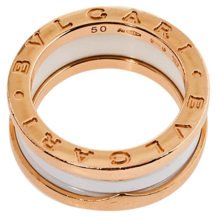 Pre Owned Bvlgari B.Zero1 Ceramic 18K Rose Gold Two Band Ring Size 50
