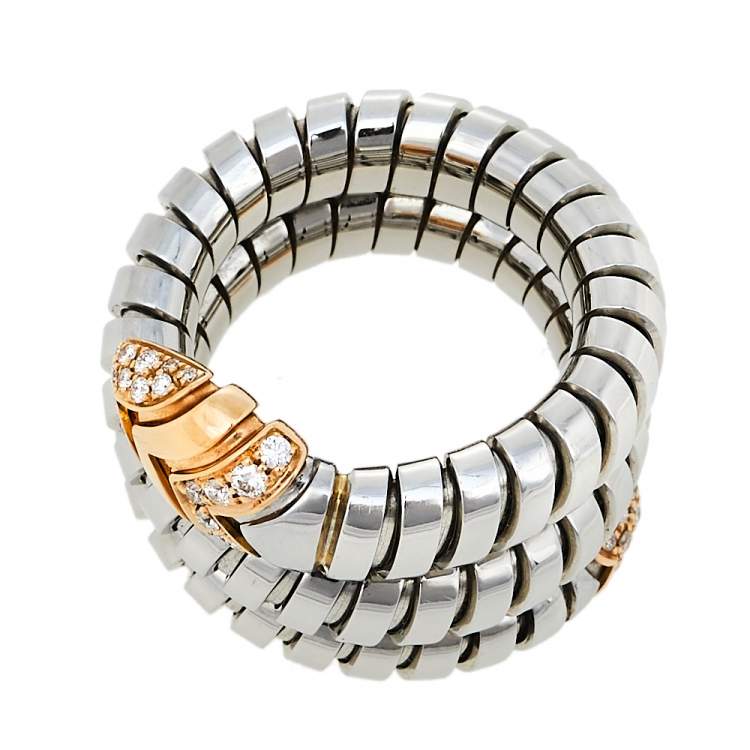 Pre Owned Bvlgari Serpenti Tubogas 18K Rose Gold Stainless Steel Double Spiral Ring Size 50.5